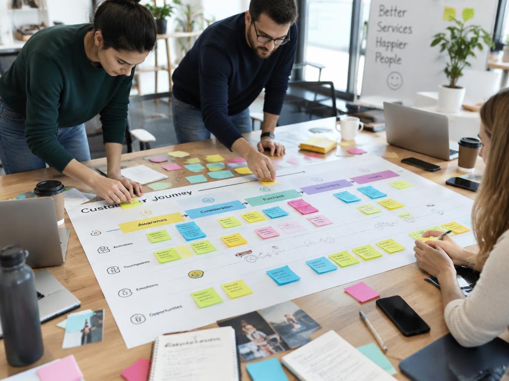 A team mapping a customer journey with colourful sticky notes in a workshop
