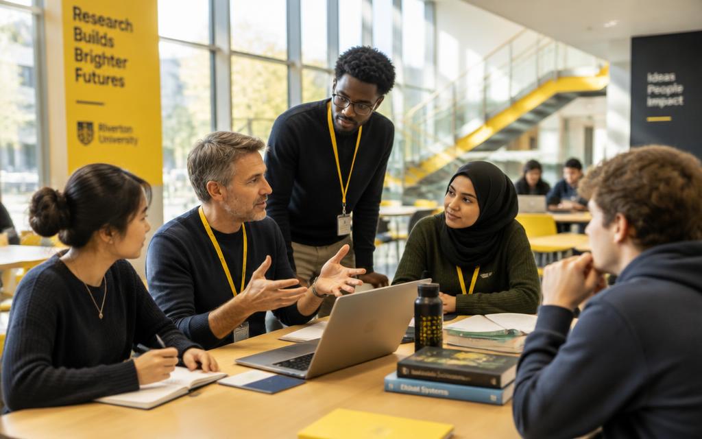 University researchers and students in discussion around a table