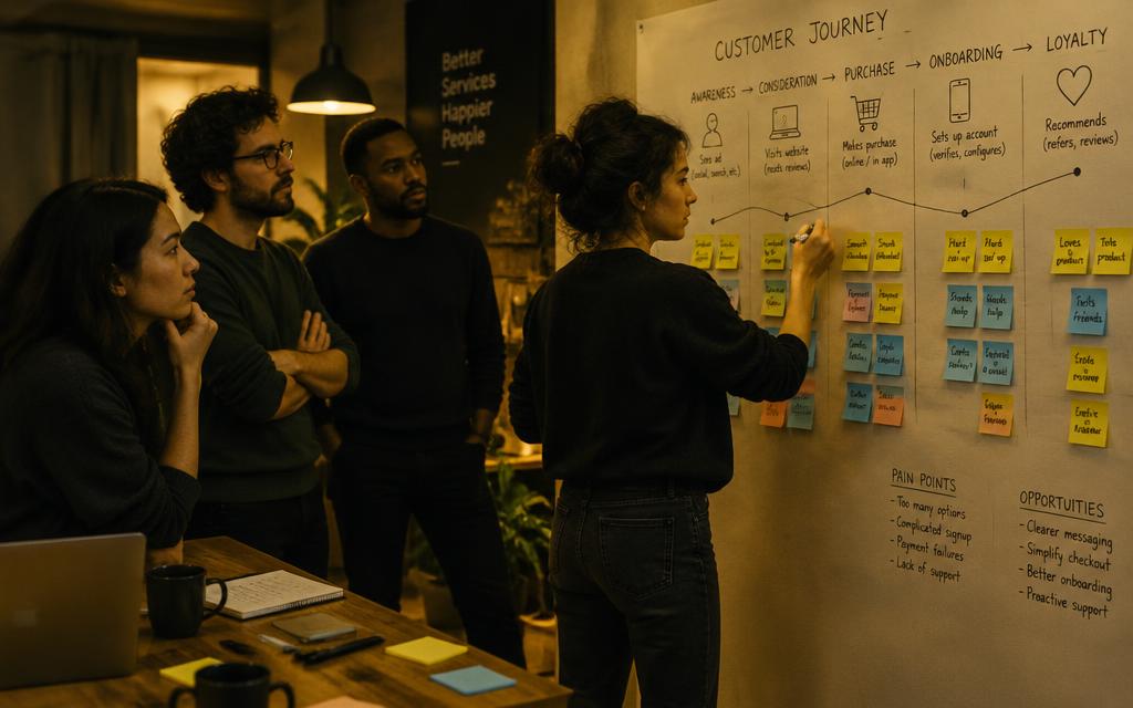 A facilitator sketching a customer journey map on a wall of sticky notes