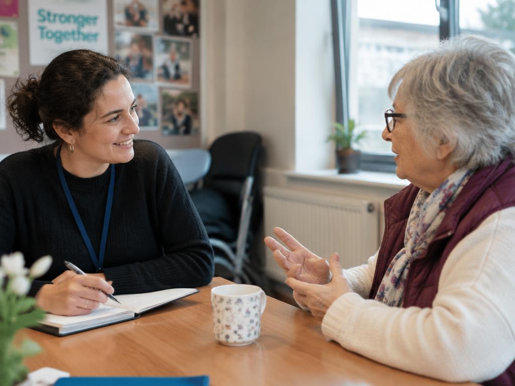 A researcher listening to an older participant during a user research interview