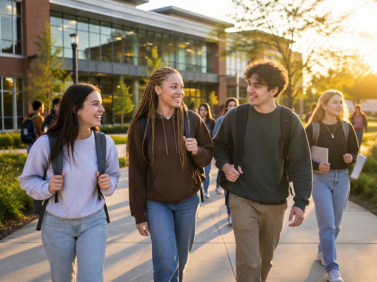 University students chatting as they walk across campus